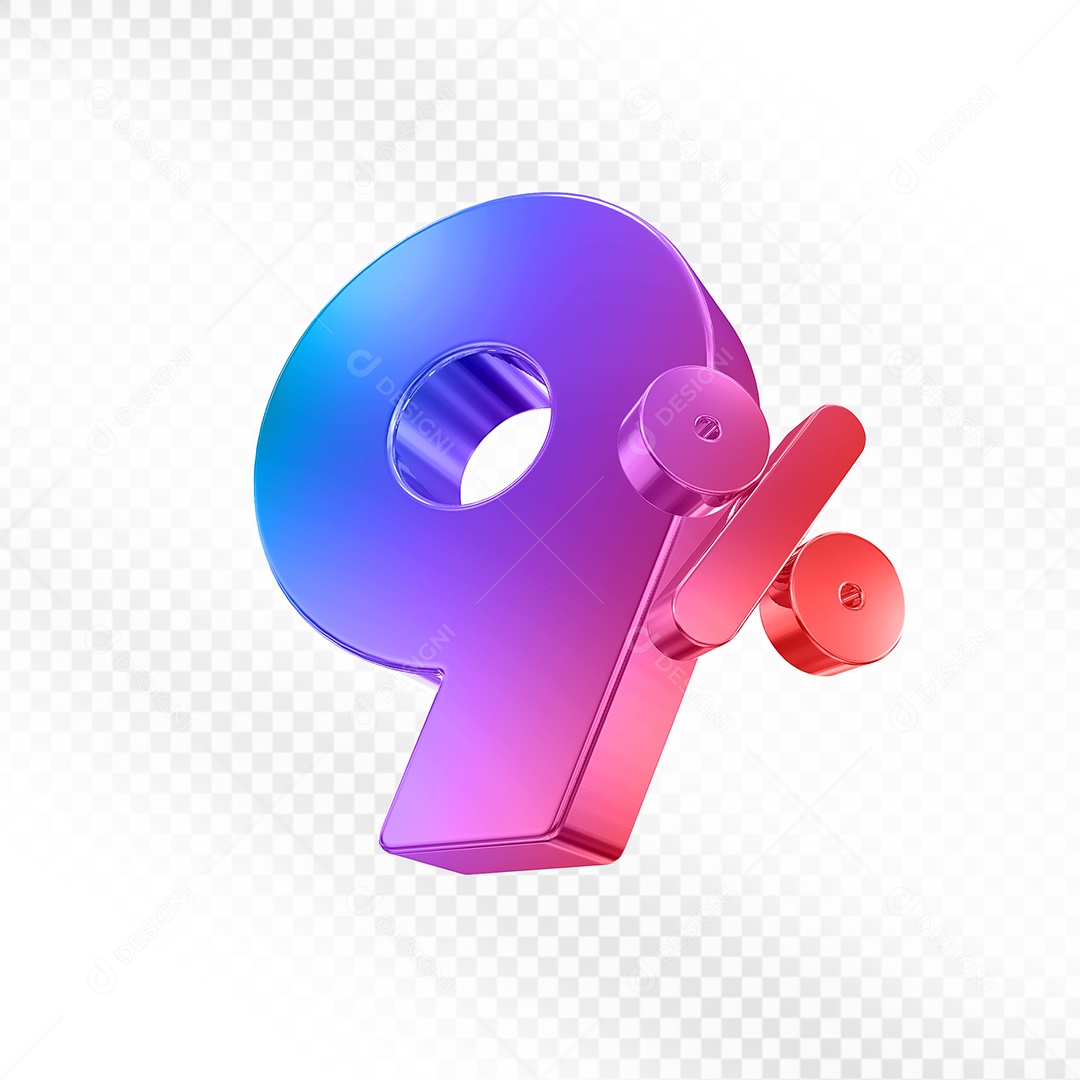 Elemento 3D Número 9% Colorido para Composição PSD