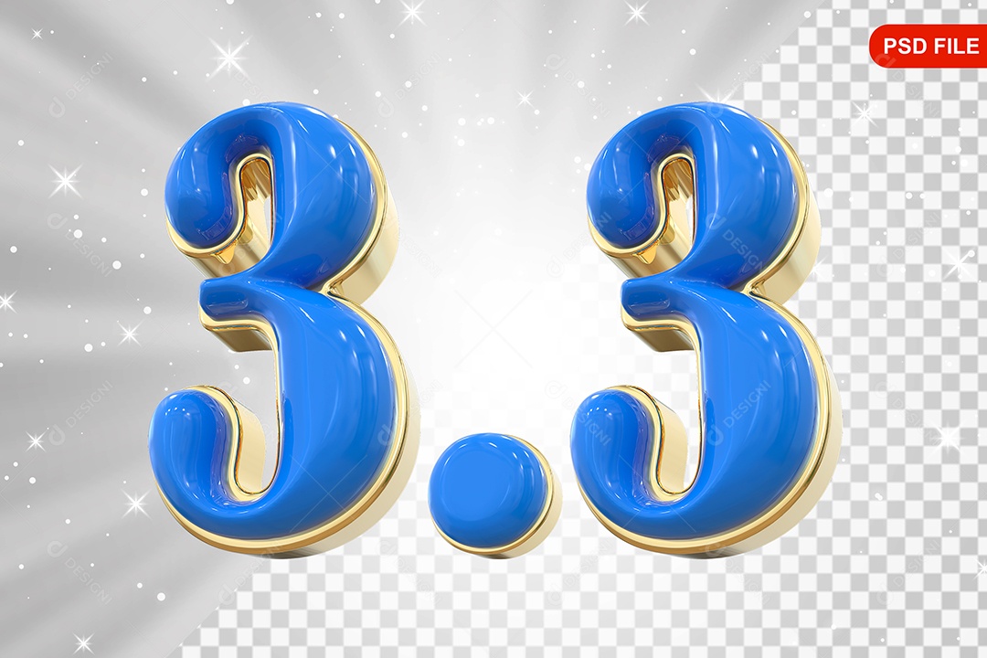 Número 3.3 Azul Elemento 3D Para Composição PSD