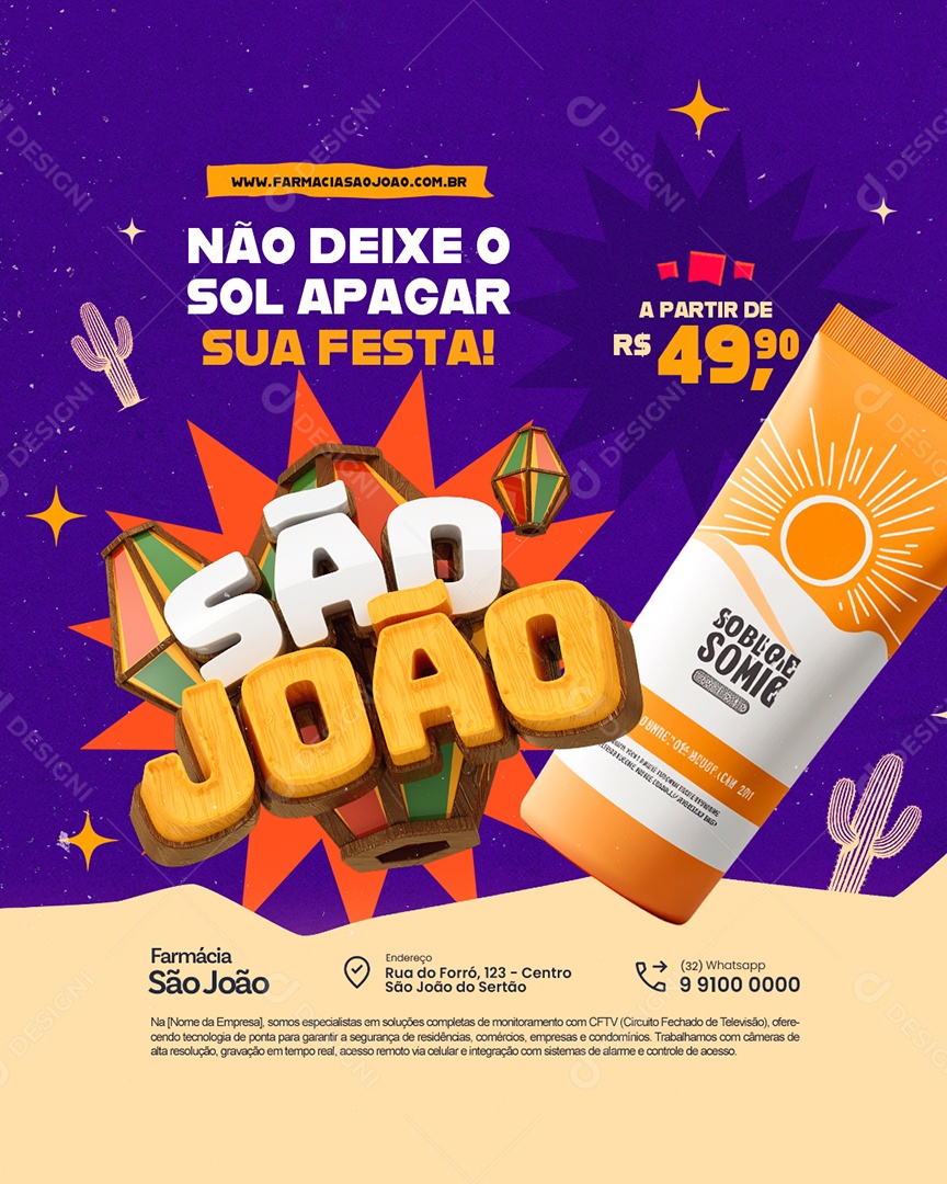 São João Farmácia Não Deixe o Sol Apagar sua Festa Protetor Solar Social Media PSD Editável