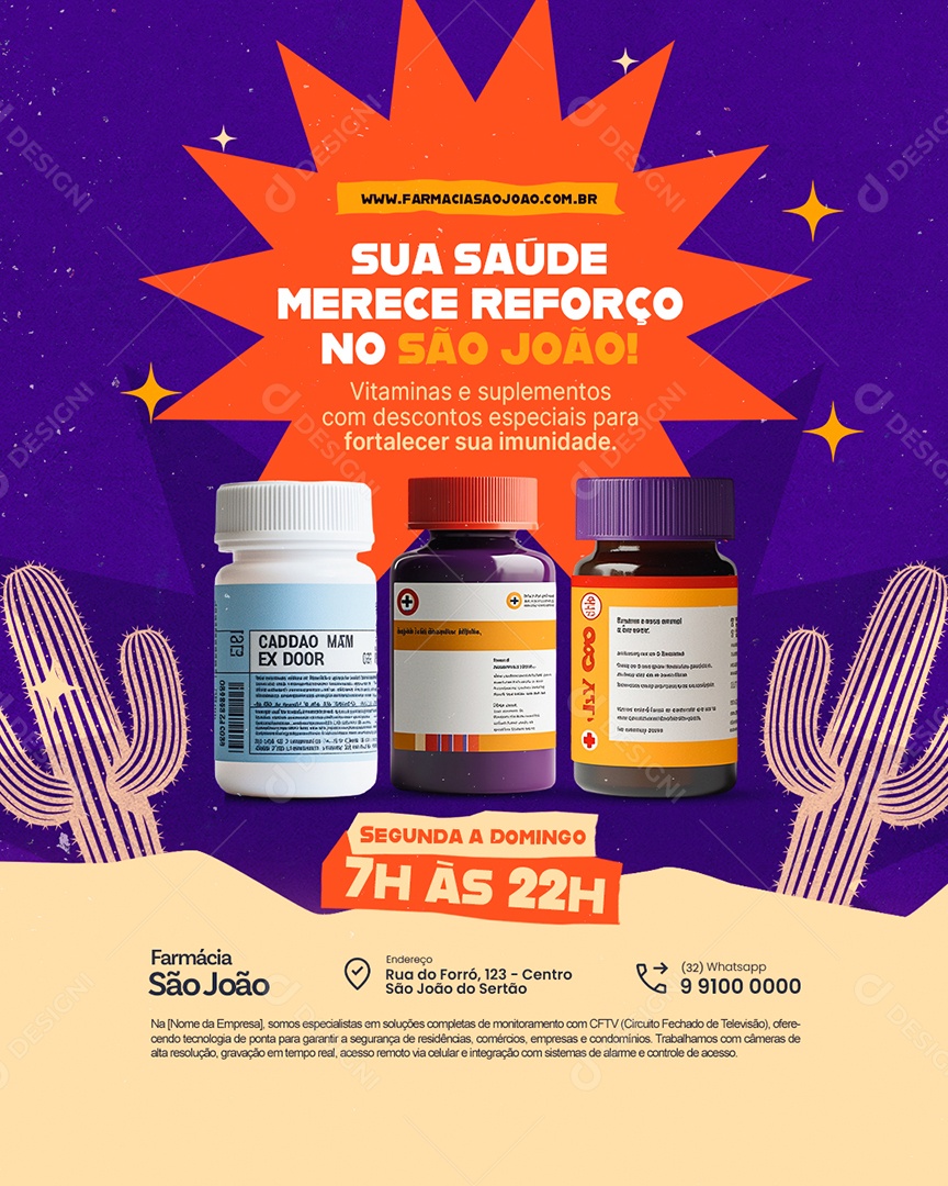 São João Farmácia Sua Saúde Merece Reforço no São João Social Media PSD Editável
