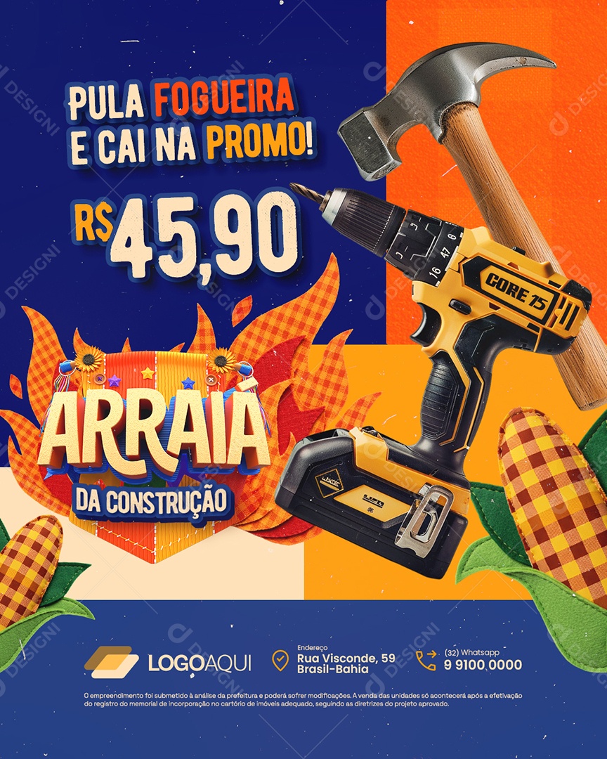 Arraia da Construção Furadeira Martelo Cai na Promo Social Media PSD Editável