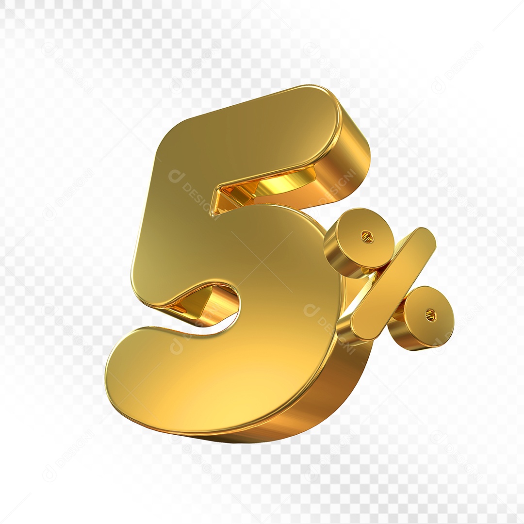 Elemento 3D Número 5% Dourado Para Composição PSD