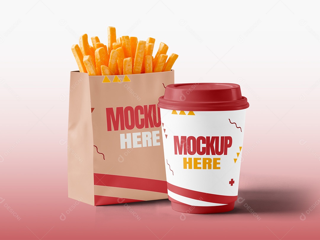 Pacote com Batata Frita e Copo Mockup PSD Editável