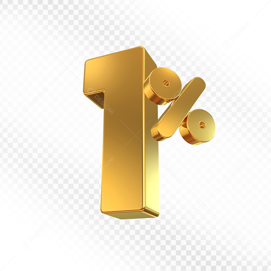 Elemento 3D Número 1% Dourado para Composição PSD