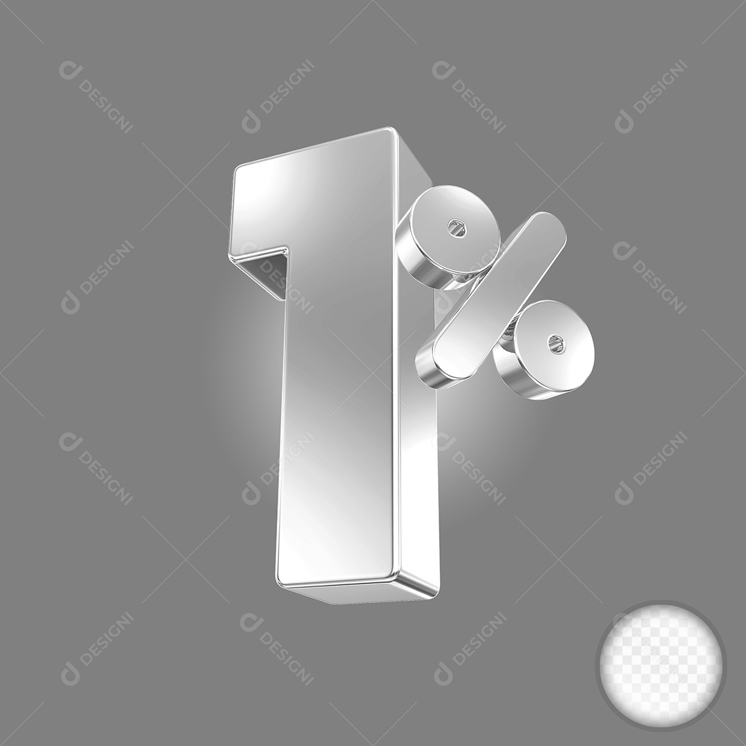 Elemento 3D Número 1% Prata para Composição PSD