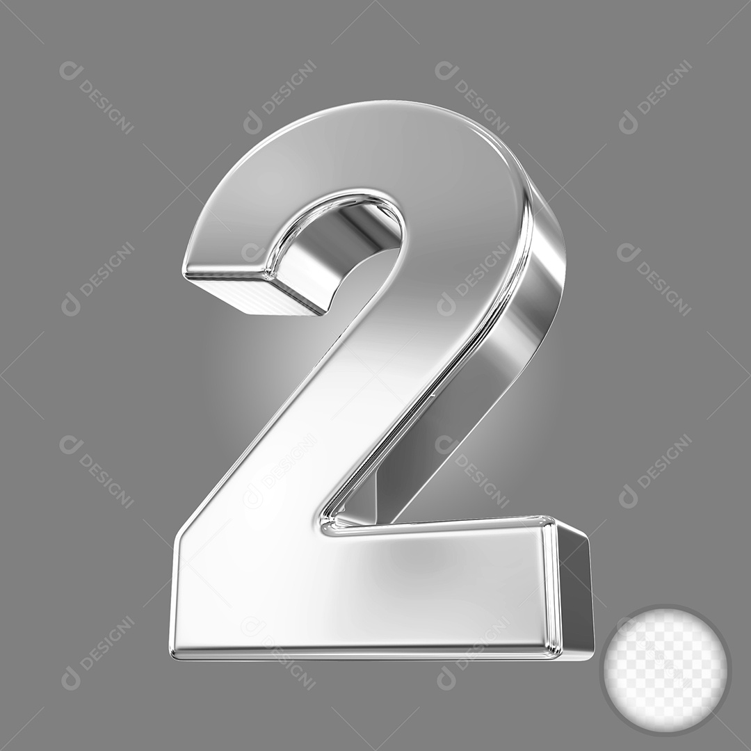 Elemento 3D Número 2 Prata para Composição PSD