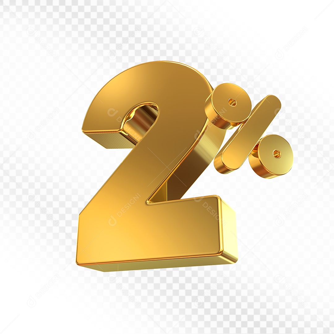 Elemento 3D Número 2% Dourado para Composição PSD