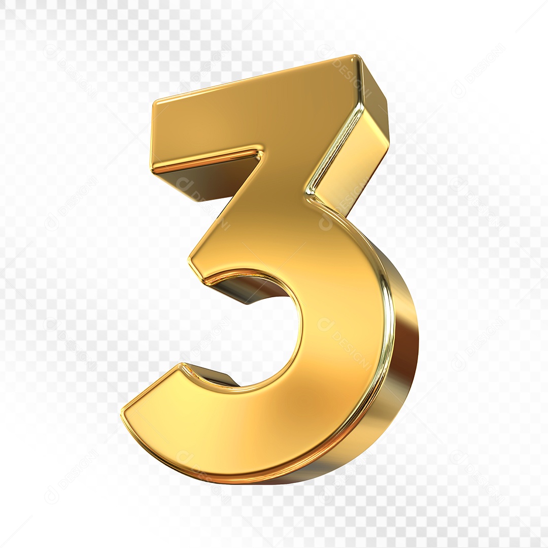 Elemento 3D Número 3 Dourado para Composição PSD