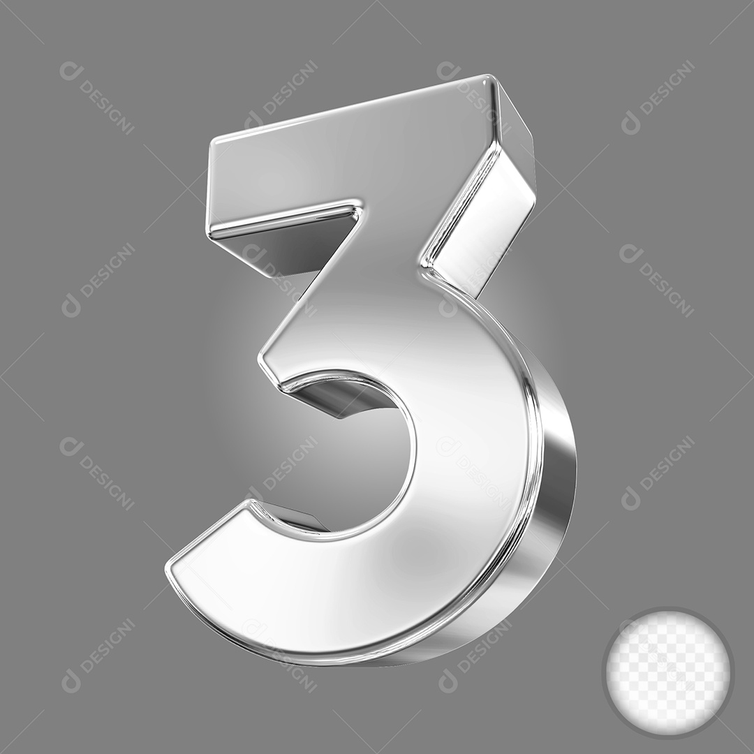 Elemento 3D Número 3 Prata para Composição PSD