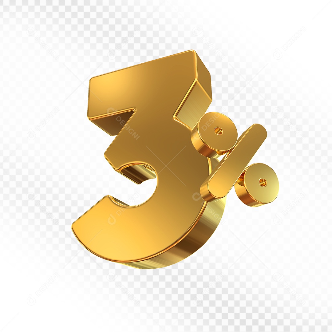 Elemento 3D Número 3% Dourado para Composição PSD
