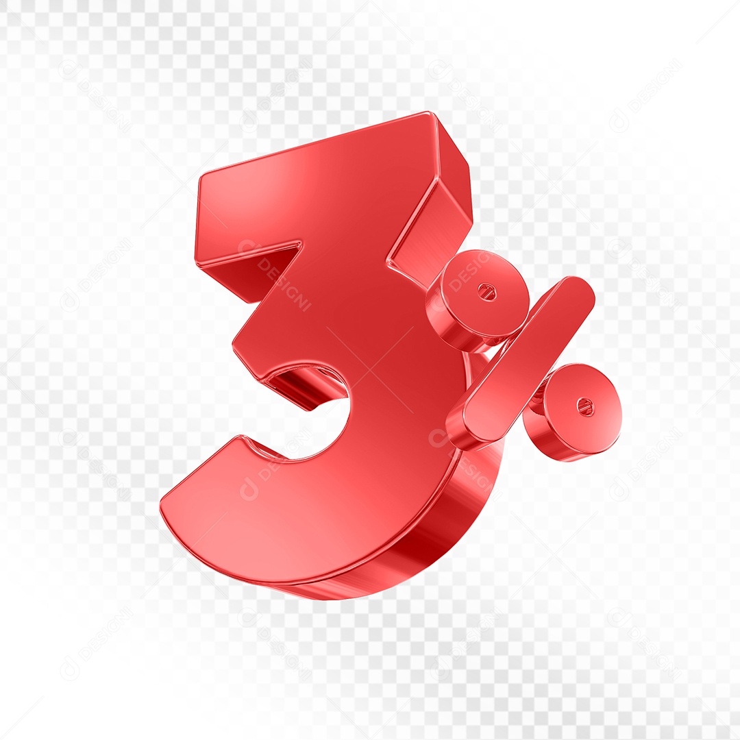 Elemento 3D Número 3% Vermelho para Composição PSD