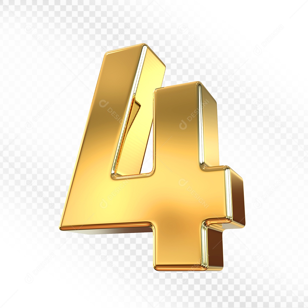 Elemento 3D Número 4 Dourado para Composição PSD