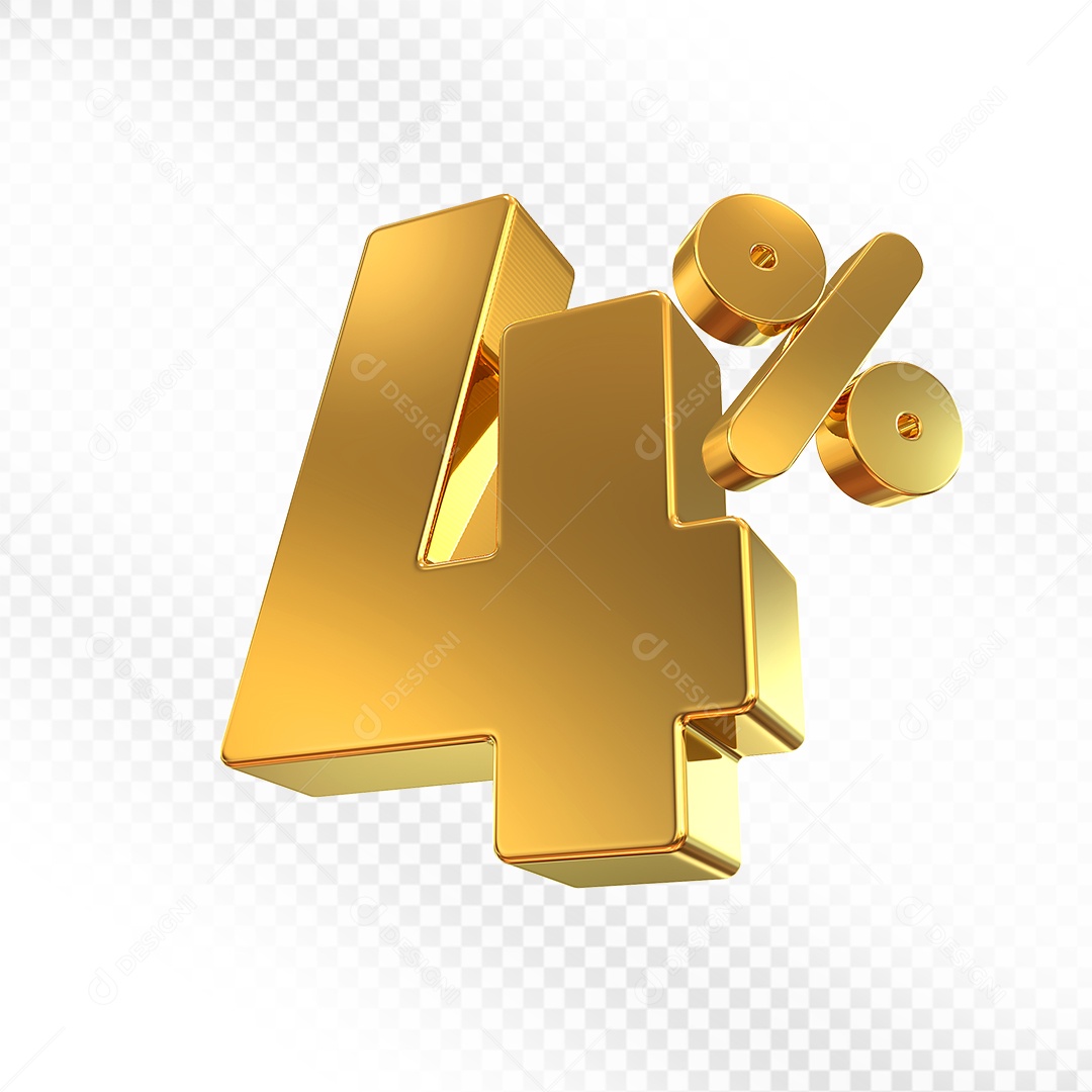 Elemento 3D Número 4% Dourado para Composição PSD