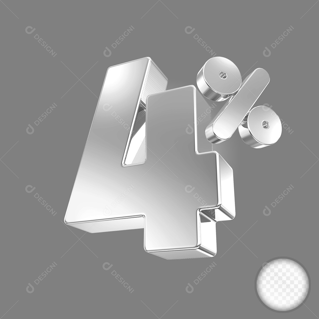 Elemento 3D Número 4% Prata para Composição PSD