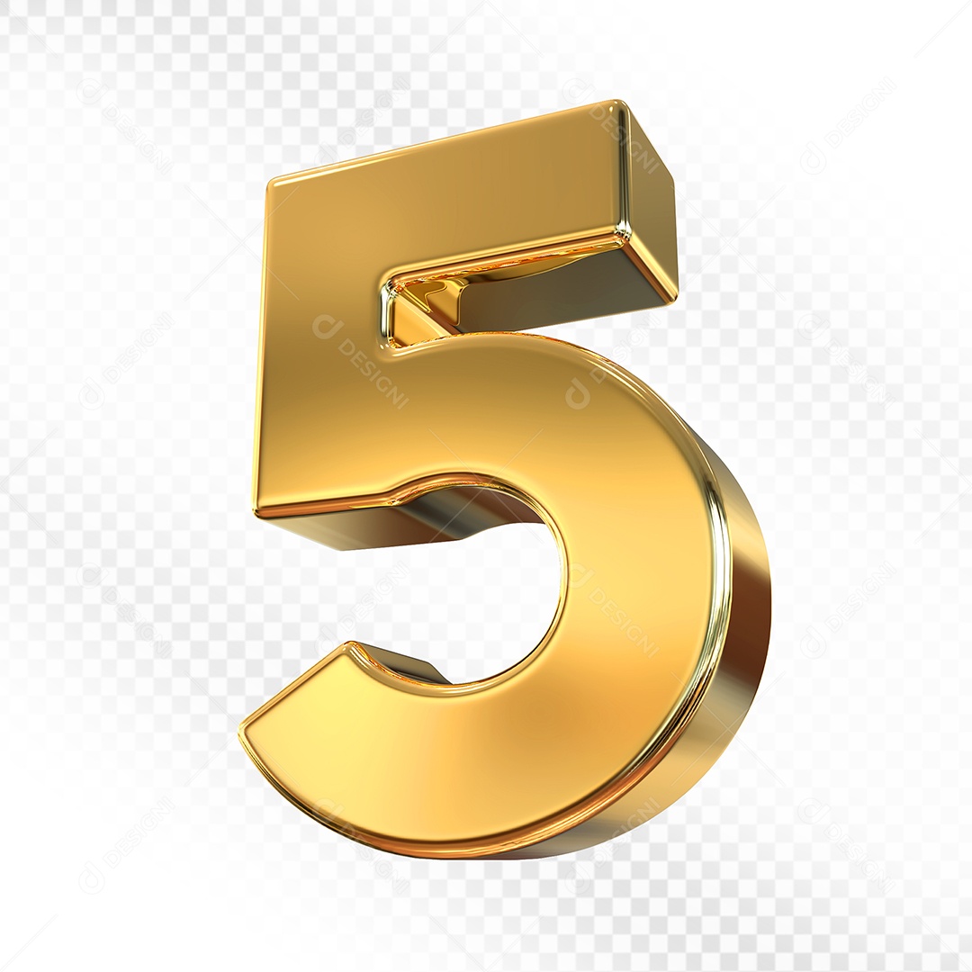 Elemento 3D Número 5 Dourado para Composição PSD