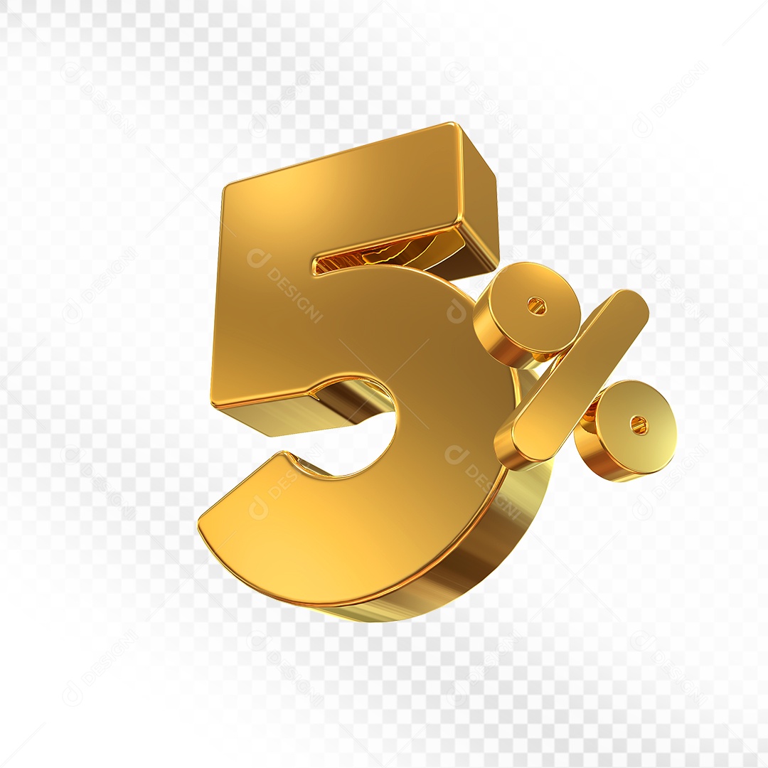 Elemento 3D Número 5% Dourado para Composição PSD