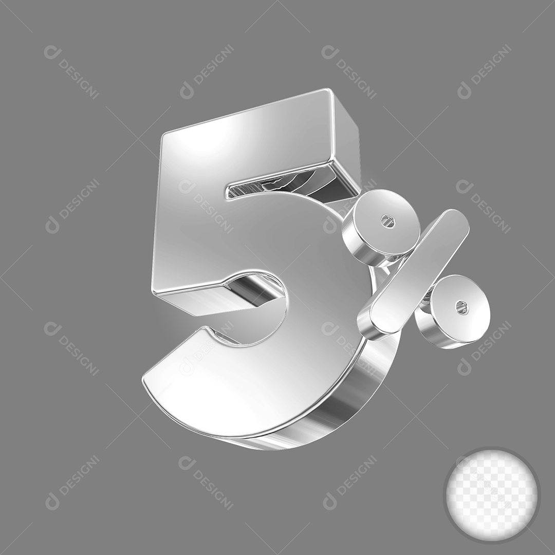 Elemento 3D Número 5% Prata para Composição PSD