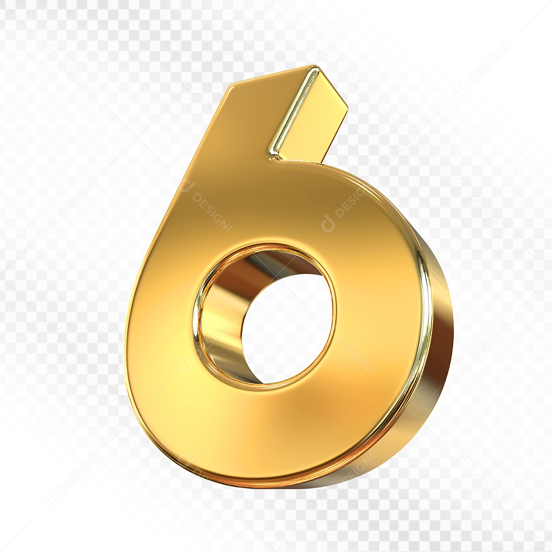 Elemento 3D Número 6 Dourado para Composição PSD