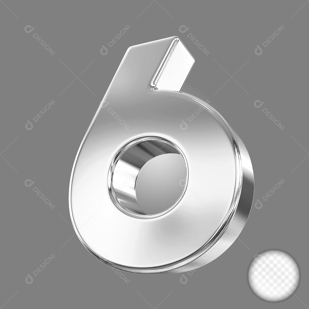 Elemento 3D Número 6 Prata para Composição PSD