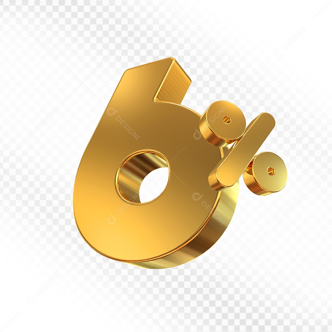 Elemento 3D Número 6% Dourado para Composição PSD