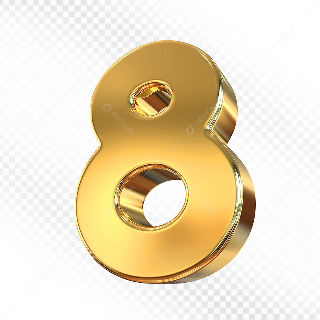 Elemento 3D Número 8 Dourado para Composição PSD