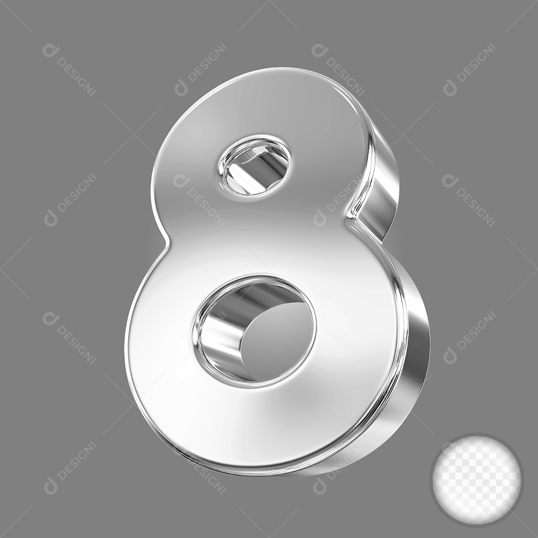 Elemento 3D Número 8 Prata para Composição PSD