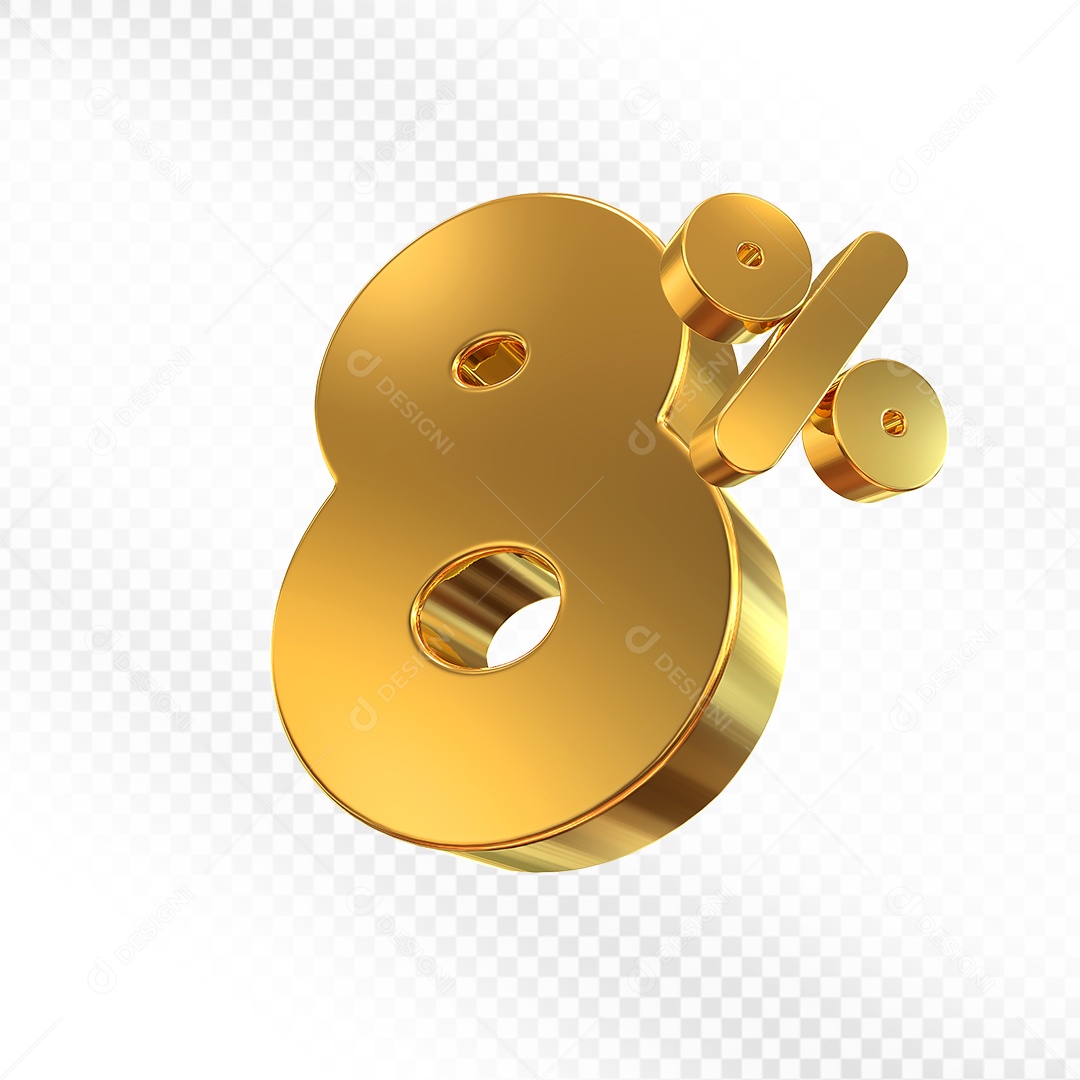 Elemento 3D Número 8% Dourado para Composição PSD
