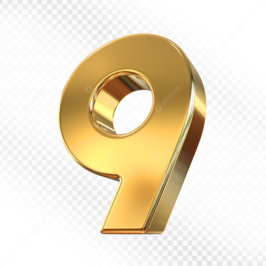 Elemento 3D Número 9 Dourado para Composição PSD