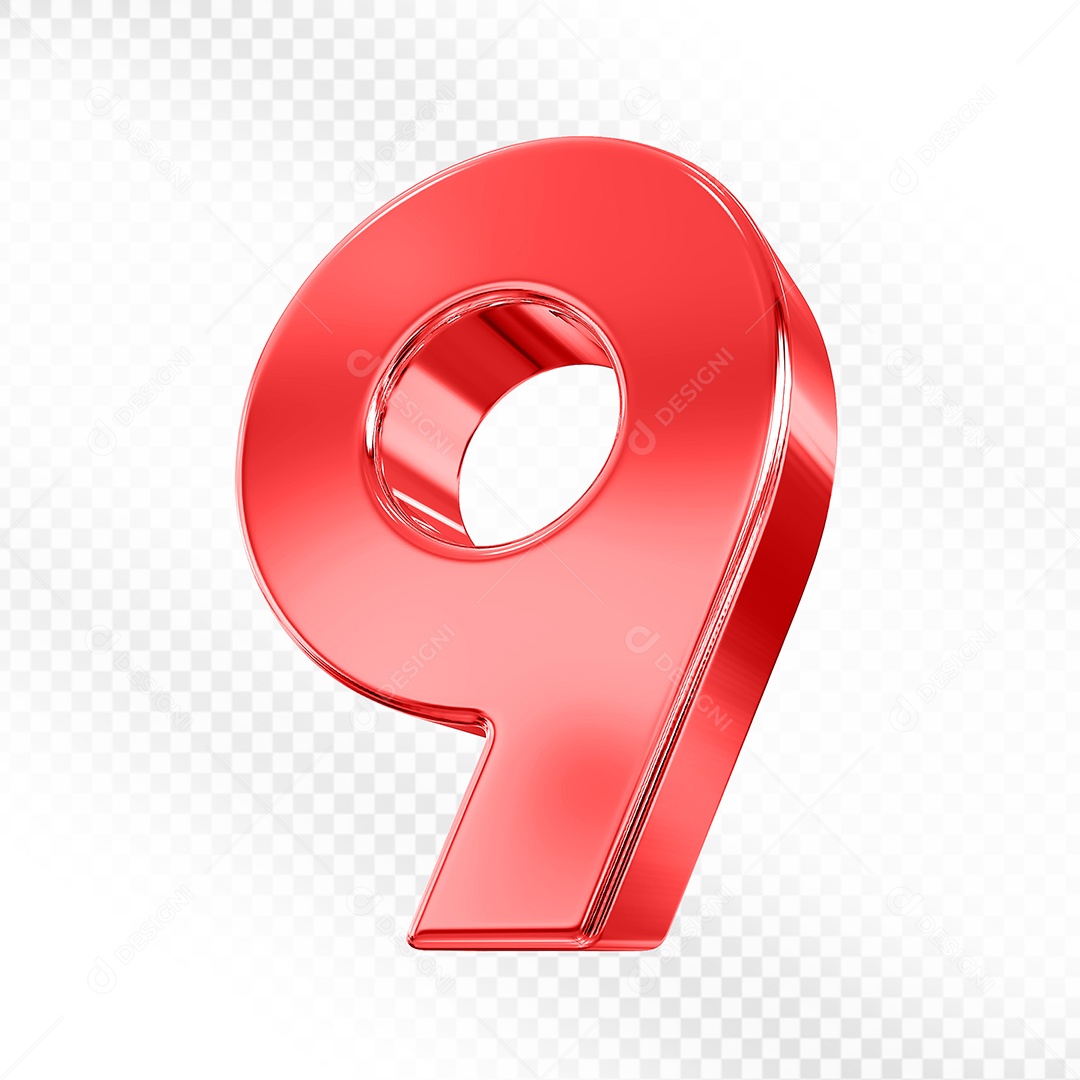 Elemento 3D Número 9 Vermelho para Composição PSD