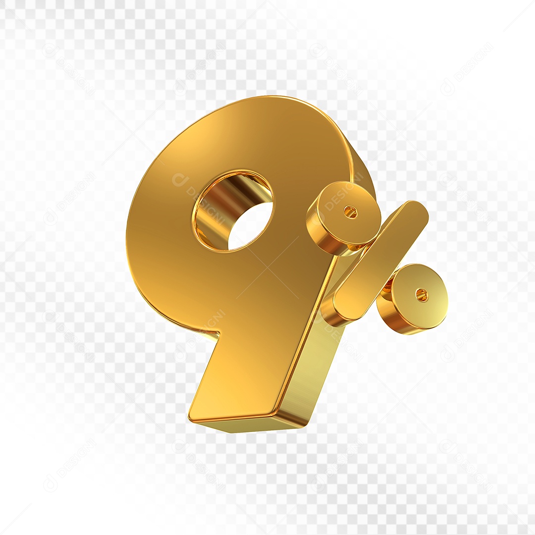 Elemento 3D Número 9% Dourado para Composição PSD