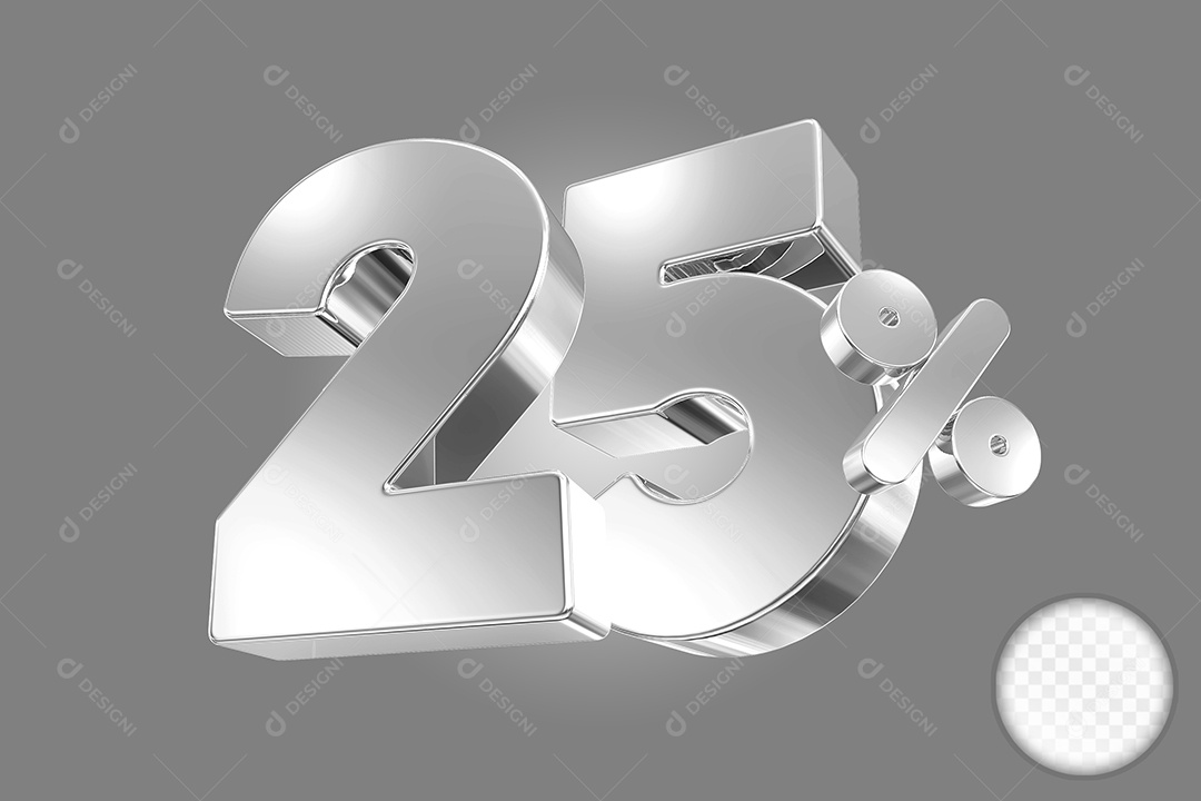 Elemento 3D Número 25% Prata para Composição PSD