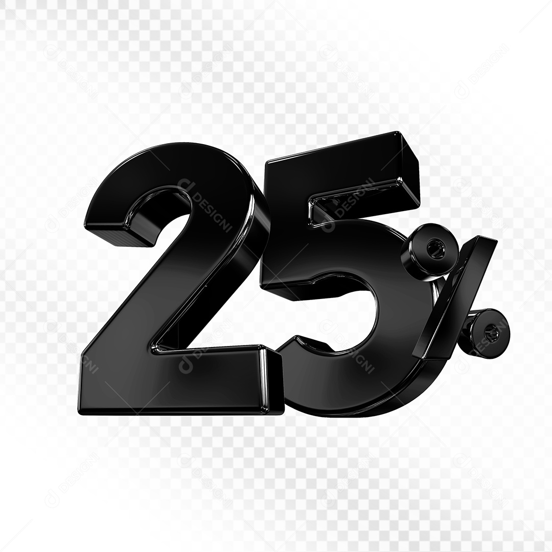 Elemento 3D Número 25% Preto para Composição PSD