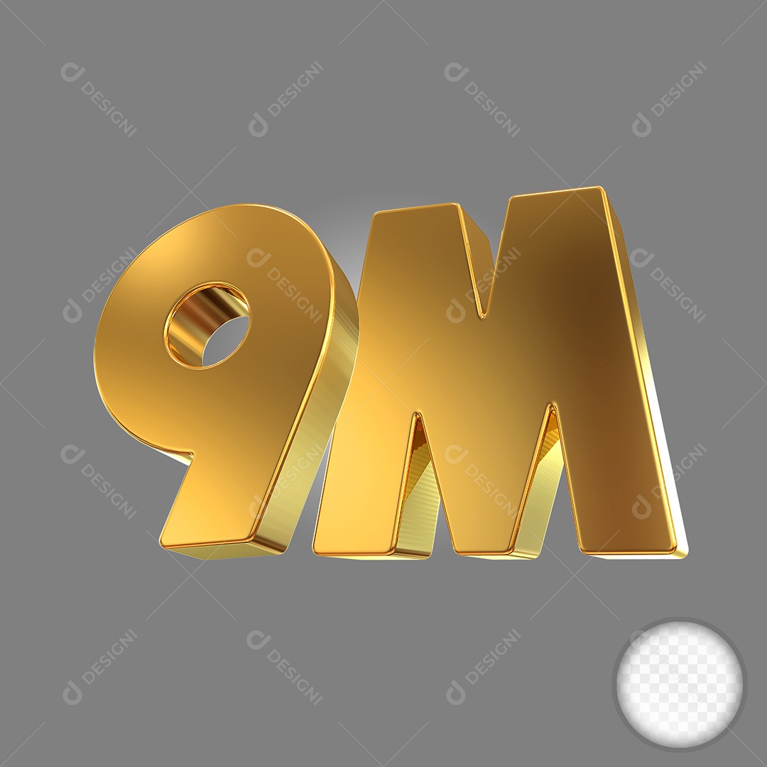 Número Dourado 9M Elemento 3D Para Composição PSD