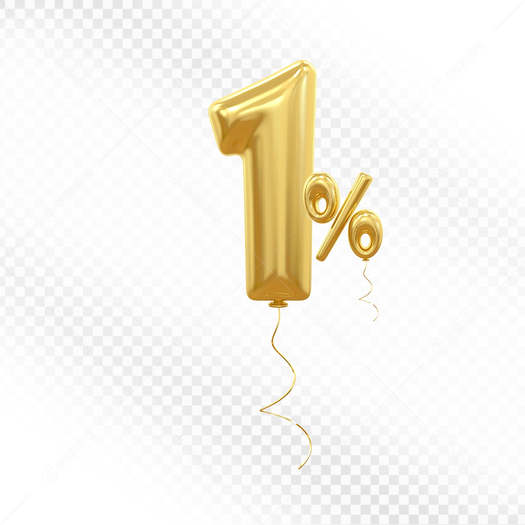Balão Dourado 3D Número 1% Elemento Para Composição PSD
