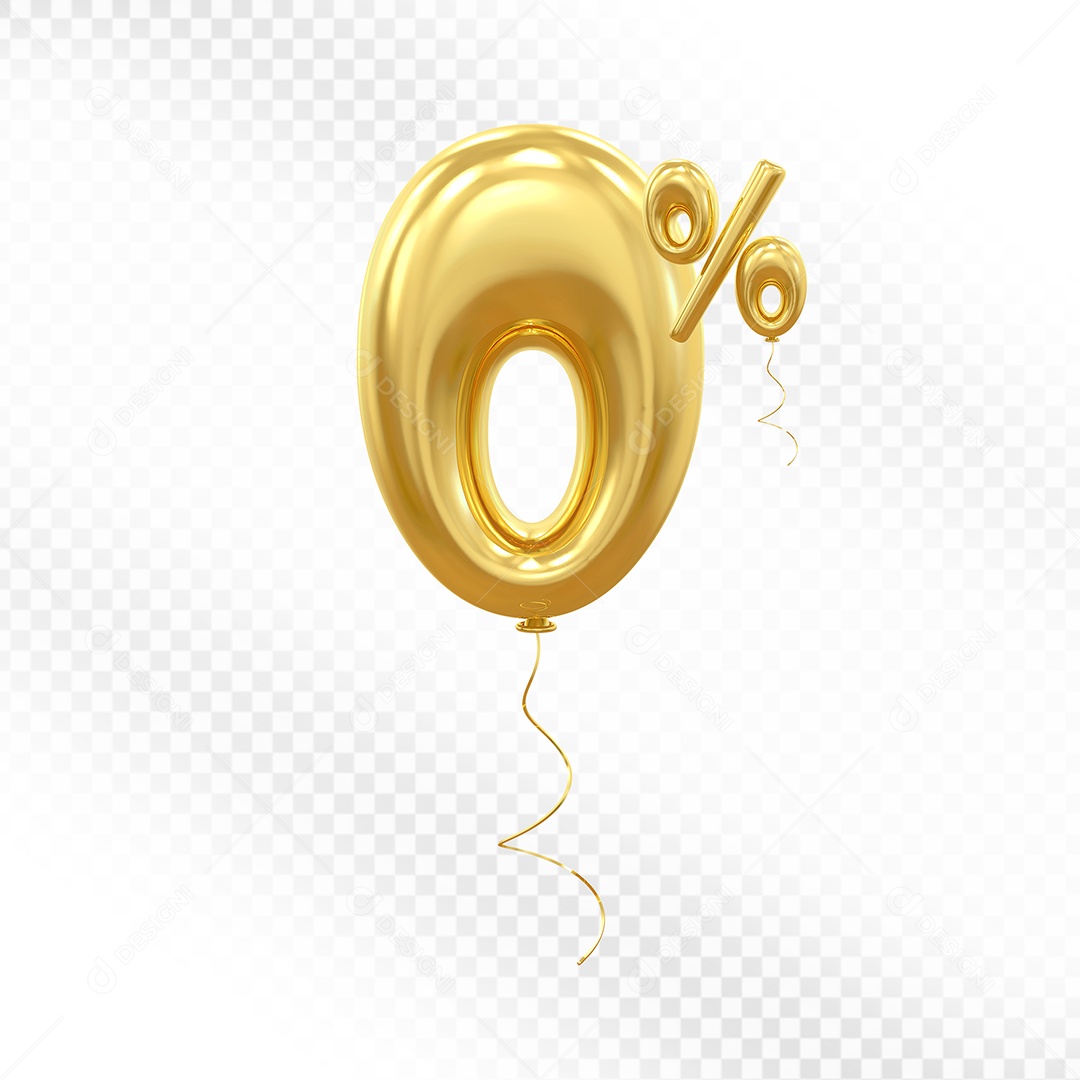 Balão Dourado 3D Número 0% Elemento Para Composição PSD