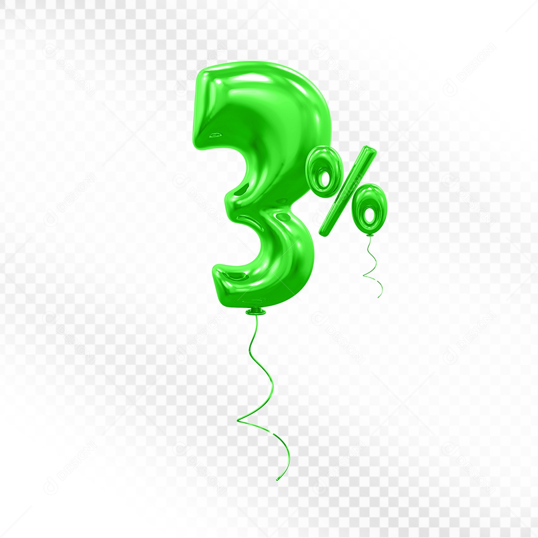 Balão Verde 3D Número 3% Elemento Para Composição PSD