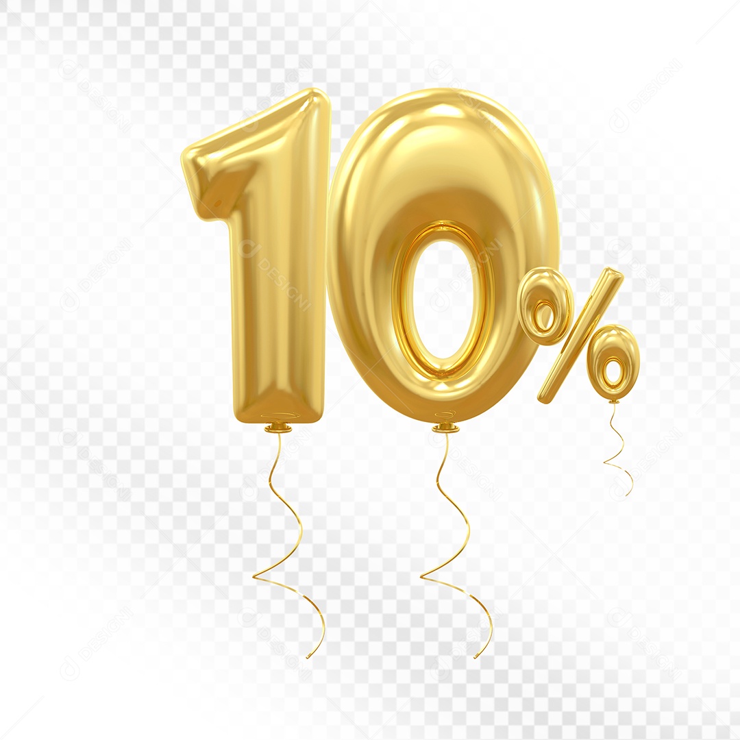 Balão Dourado 3D Número 10% Elemento Para Composição PSD