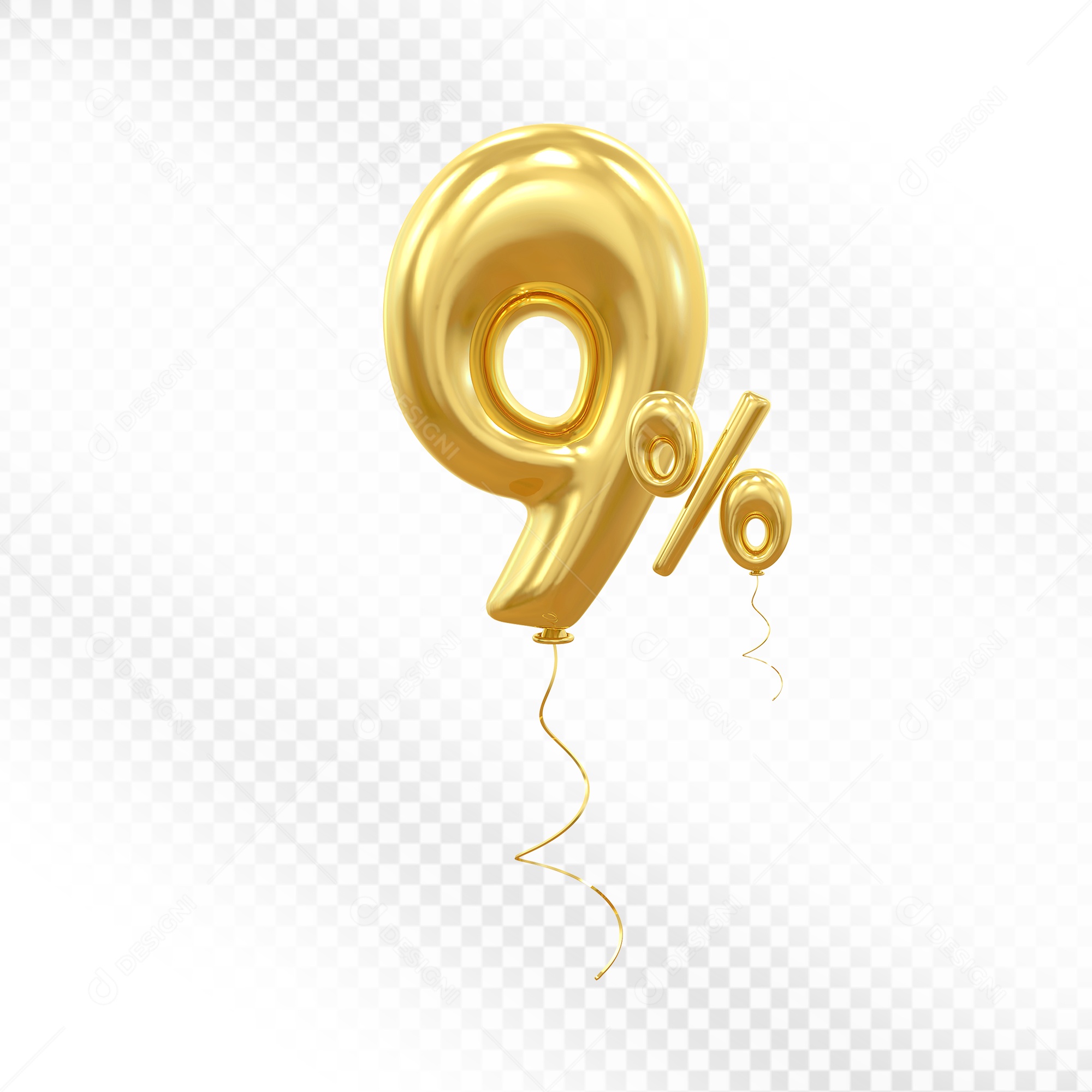 Balão 3D De Número 9% Dourado Elemento Para Composição PSD