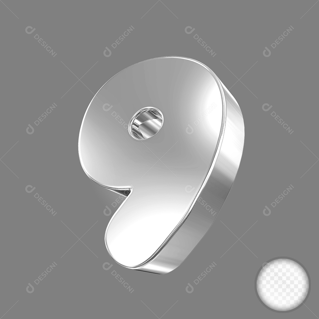 Elemento 3D Número 9 Prata Para Composição PSD