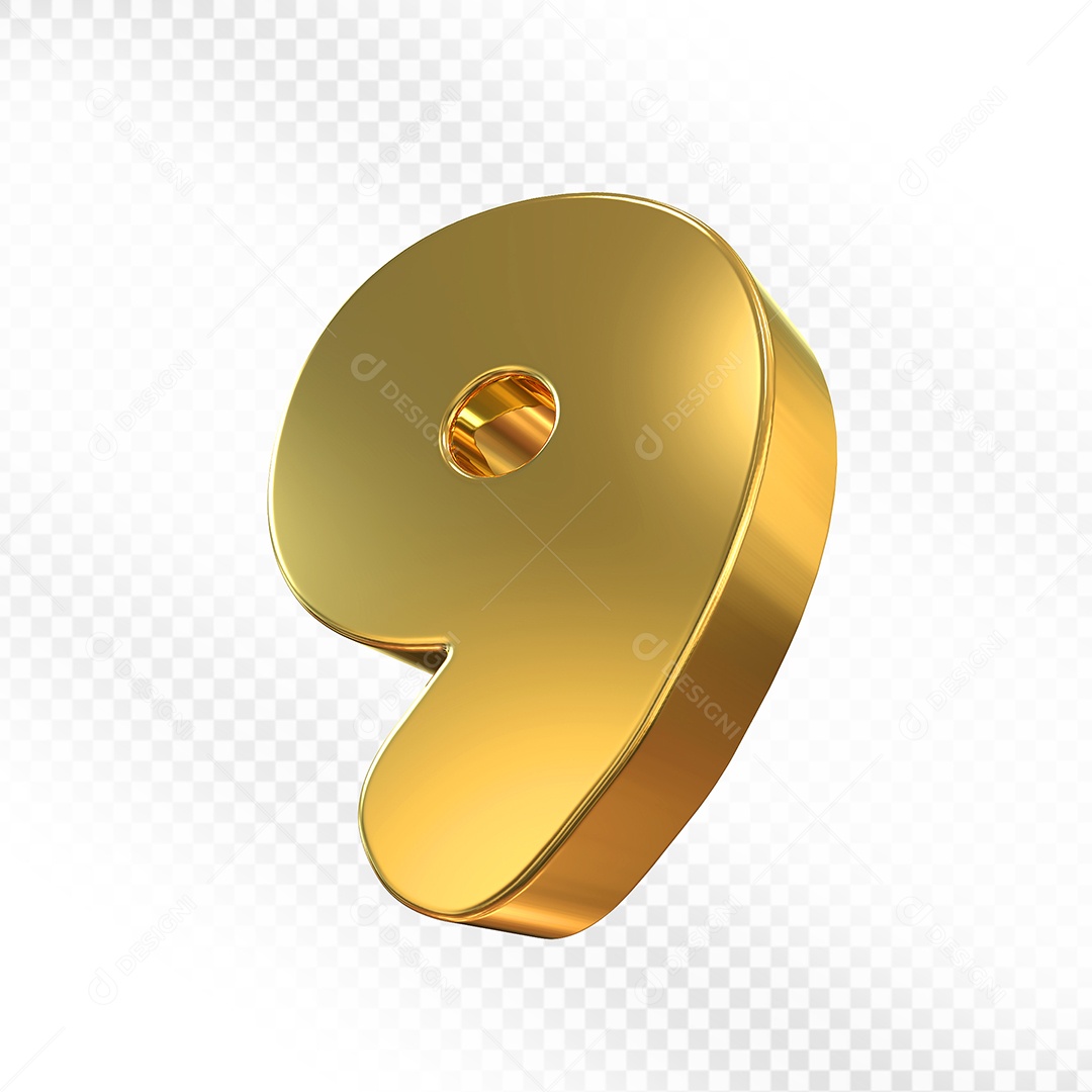 Elemento 3D Número 9 Dourado Para Composição PSD