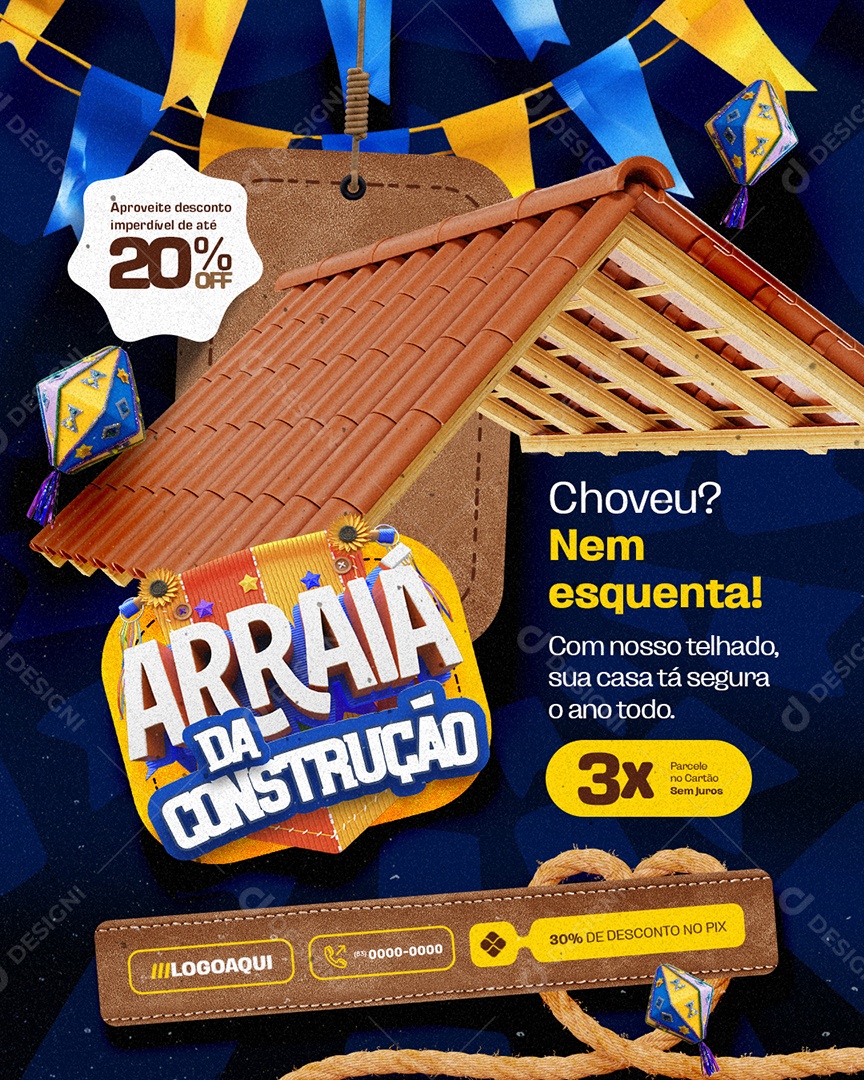 Material Arraia da Construção Telhado Desconto Imperdível Social Media PSD Editável
