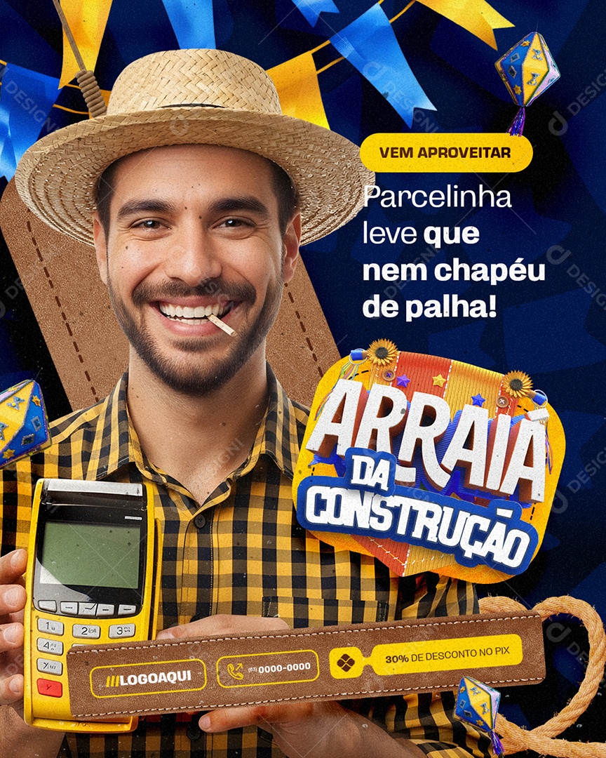 Material Arraia da Construção Vem Aproveitar Social Media PSD Editável