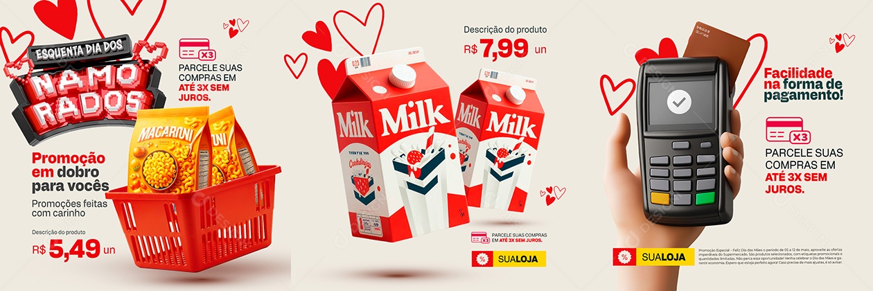 Carrossel Esquenta Dia dos Namorados Supermercado Promoção em Dobro Social Media PSD Editável