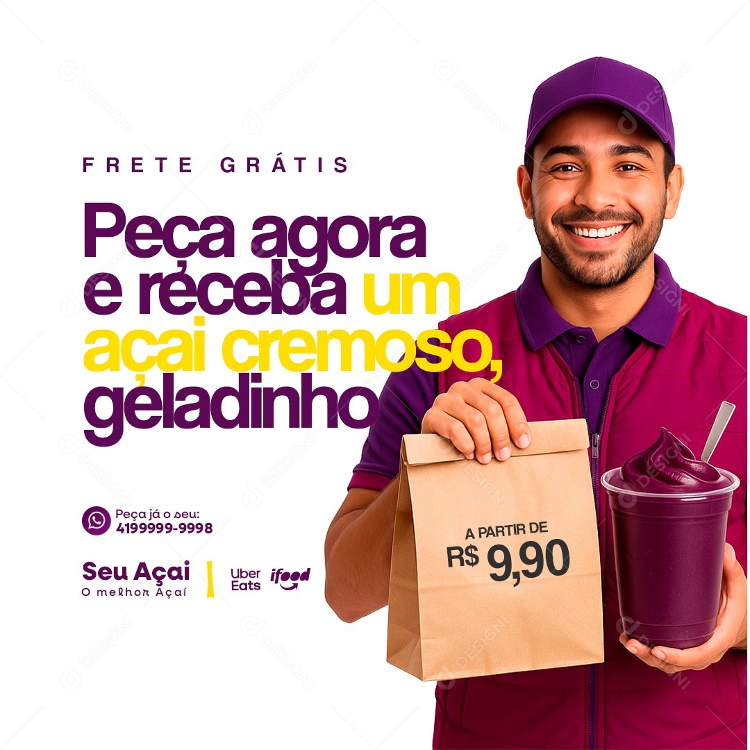 Açaiteria Frete Grátis Peça Agora Social Media PSD Editável