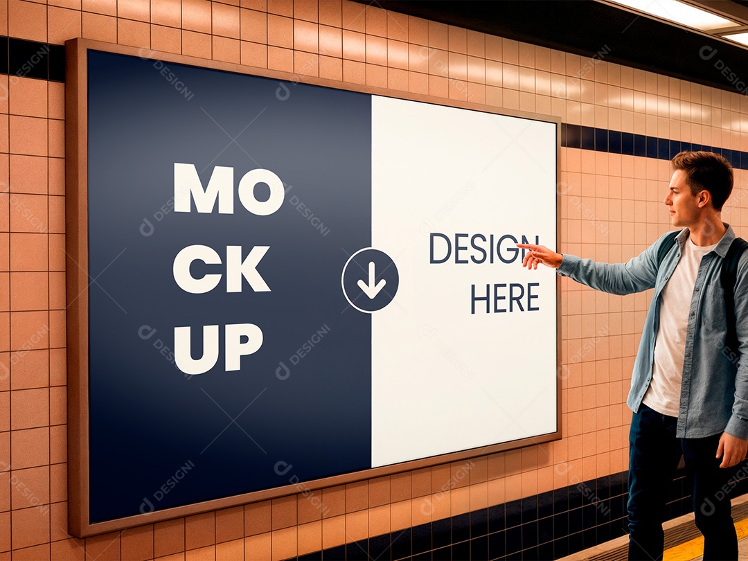 Homem com Outdoor no Mêtro Mockup PSD Editável