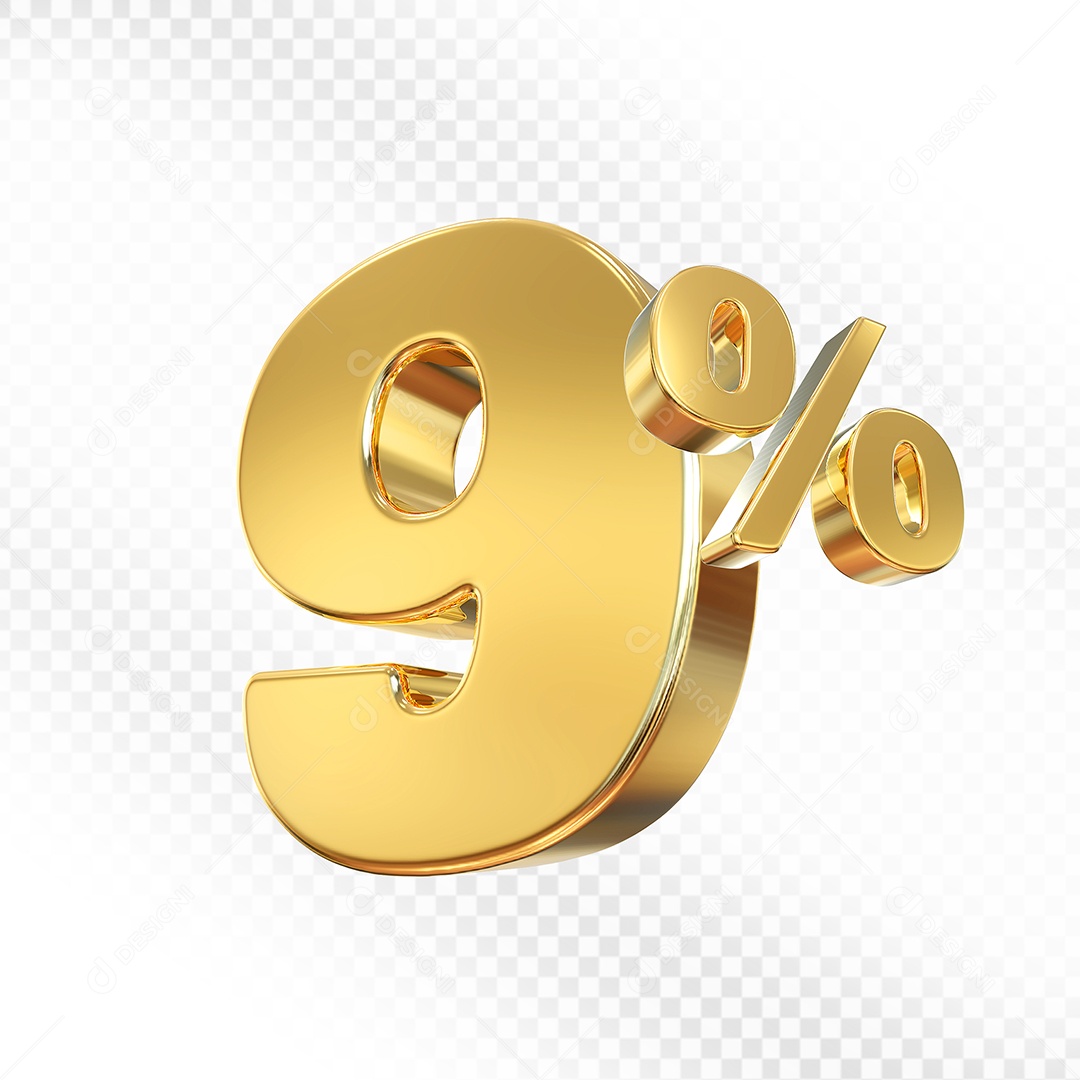 Elemento 3D Número 9% Dourado para Composição PSD