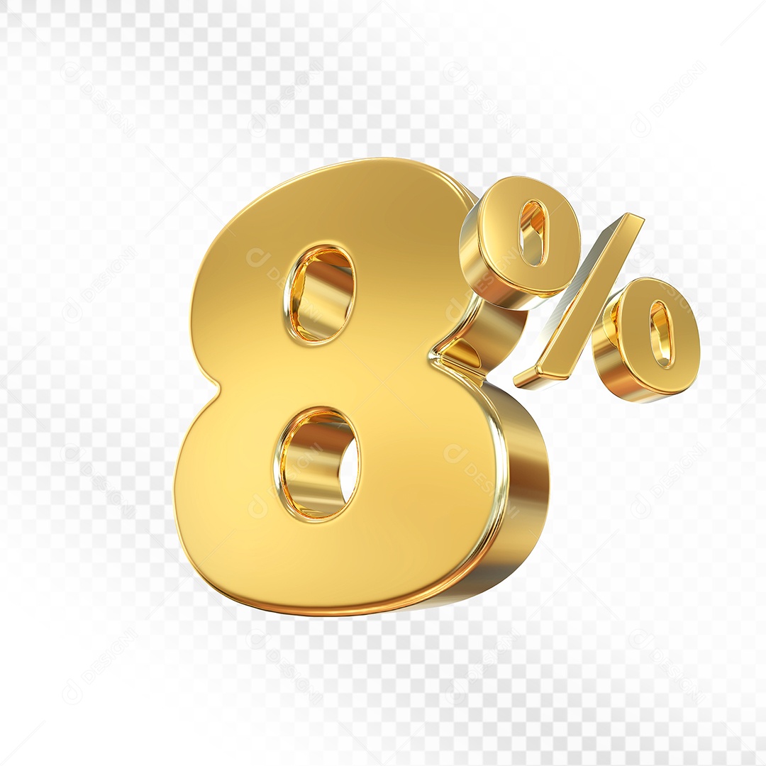 Elemento 3D Número 8% Dourado para Composição PSD