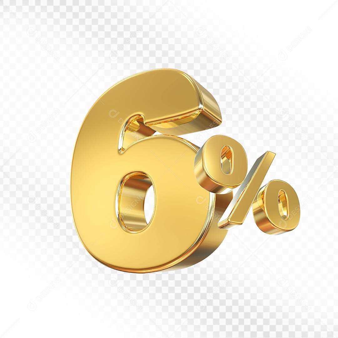 Elemento 3D Número 6% Dourado para Composição PSD