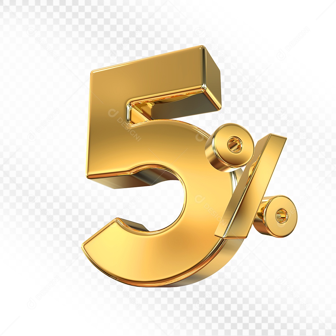 Elemento 3D Número 5% Dourado para Composição PSD