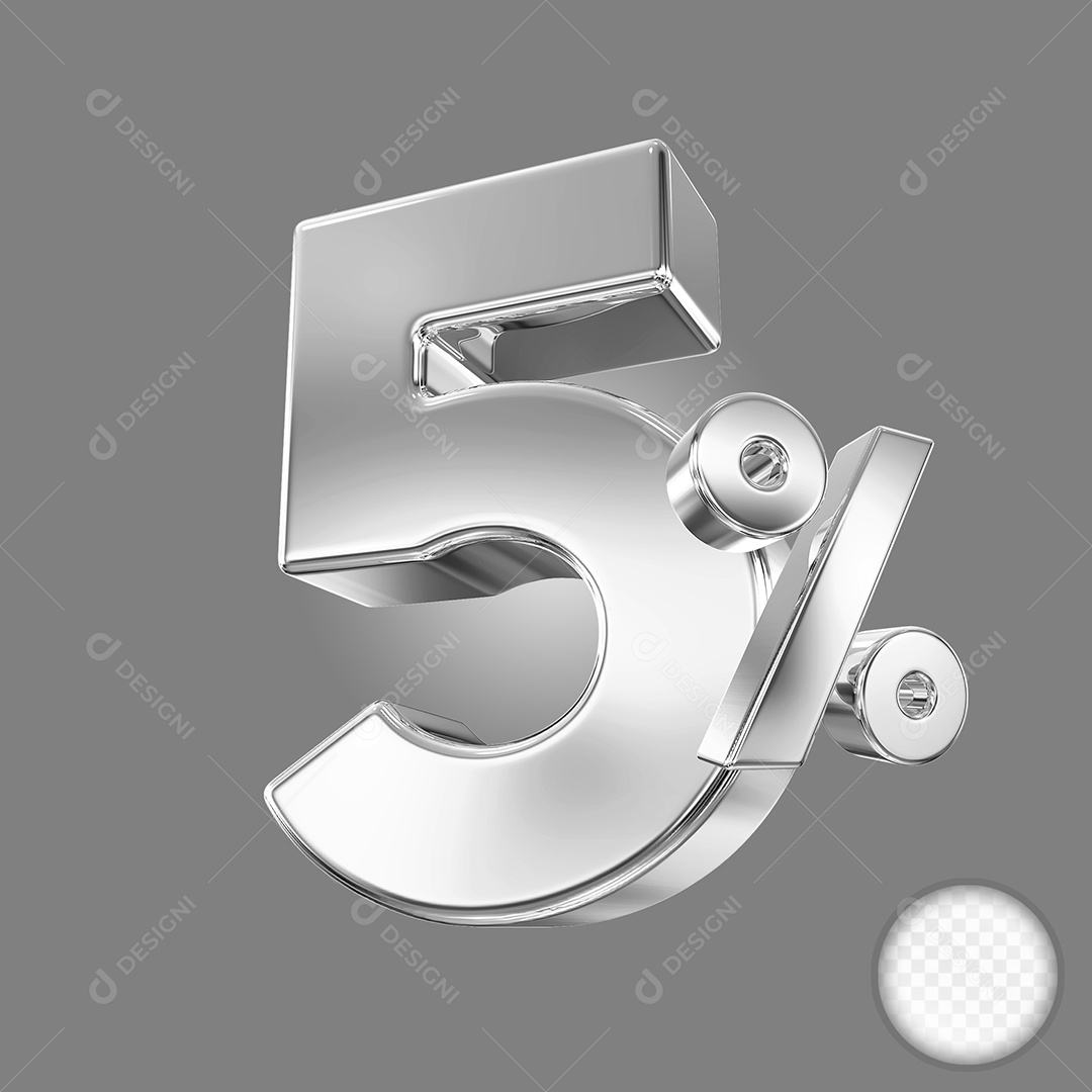 Elemento 3D Número 5% Prata para Composição PSD